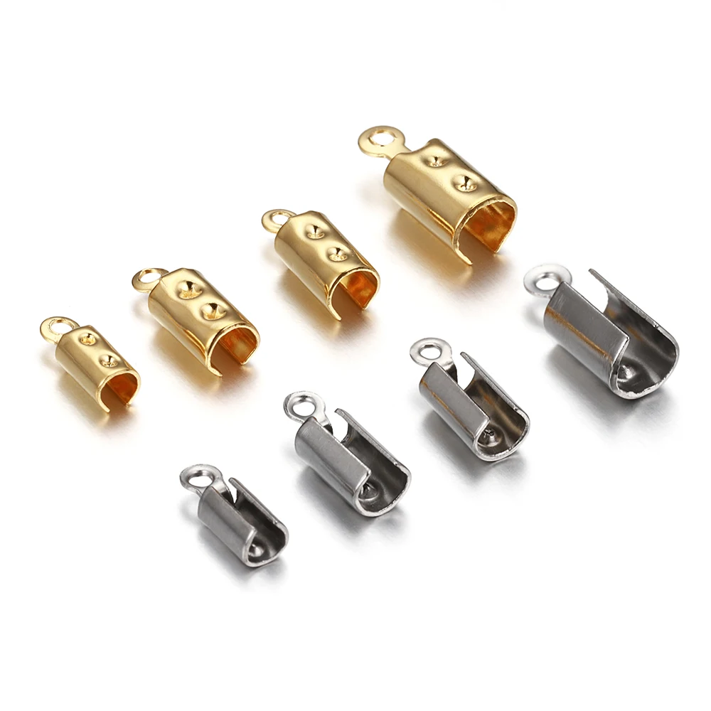 30pcs/lot Stainless Steel Cove Clasps Cord End Caps Leather Clip Tip Fold Crimp Bead Connectors For DIY Jewelry Making Findings
