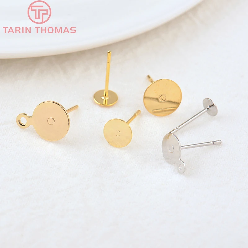 (3729)20PCS 4MM 5MM 6MM 8MM 10MM 24K Gold Color Brass Round Disk Stud Earrings High Quality Diy Jewelry Findings Accessories