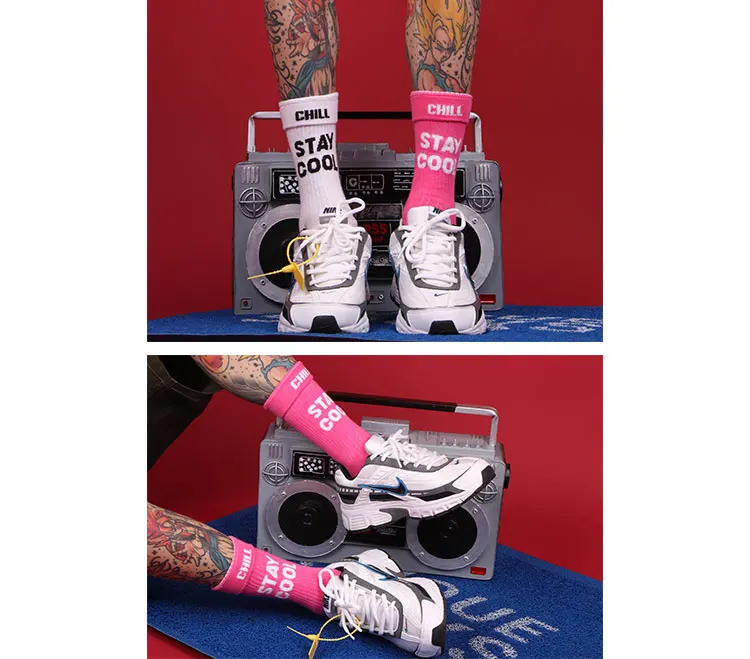 3 Pairs STAY COOL CHILL Letters Hip Hop Harajuku Pink Men's Socks Skateboard Orange Cotton Colorful Letter Long Women Sock