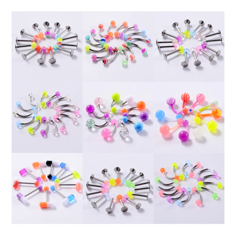 8/10/14pcs Acrylic Colorful Mixed Style Nose Ring Tongue Lip Eyebrow Ring Ear Studs Tragus Helix Lobe Ball Piercing Body Jewelry