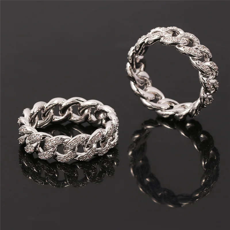 Hiphop Ring Silver Color Cuba Chain Ring Iced Out Paw Setting Micro Crystal Ring For Woman Men Engagement Wedding Finger Jewelry