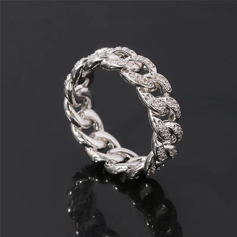 Hiphop Ring Silver Color Cuba Chain Ring Iced Out Paw Setting Micro Crystal Ring For Woman Men Engagement Wedding Finger Jewelry