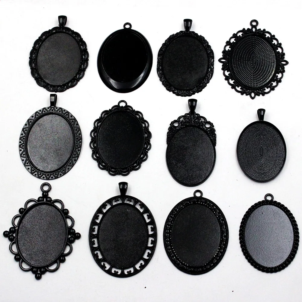 Fit 30x40mm Oval Cabochons Pattern Glass Cameos Black Frame Settings Bezel Tray For DIY Necklace Making Accessories 5pcs K06248