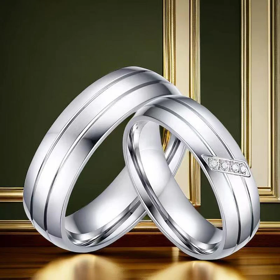 1Piece Gold Tone Silver Plated Stainless Steel Titanium Ring Cubic Zircon Rhinestone Couple Engagement Wedding Jewelry Men Women