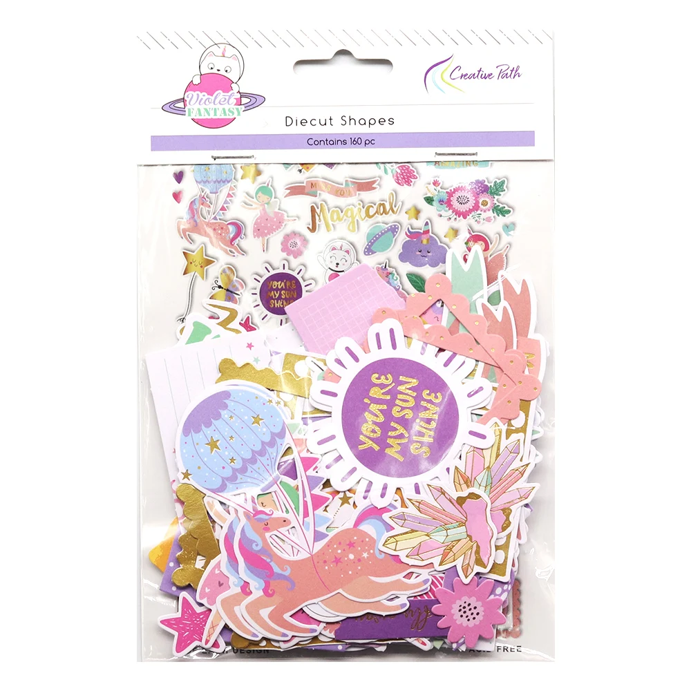 Creative Path 160pcs Violet Fantasy Scrapbooking Die Cuts Shapes Foil Purple Unicorn Journaling Die Cuts Ephemera Embellishments