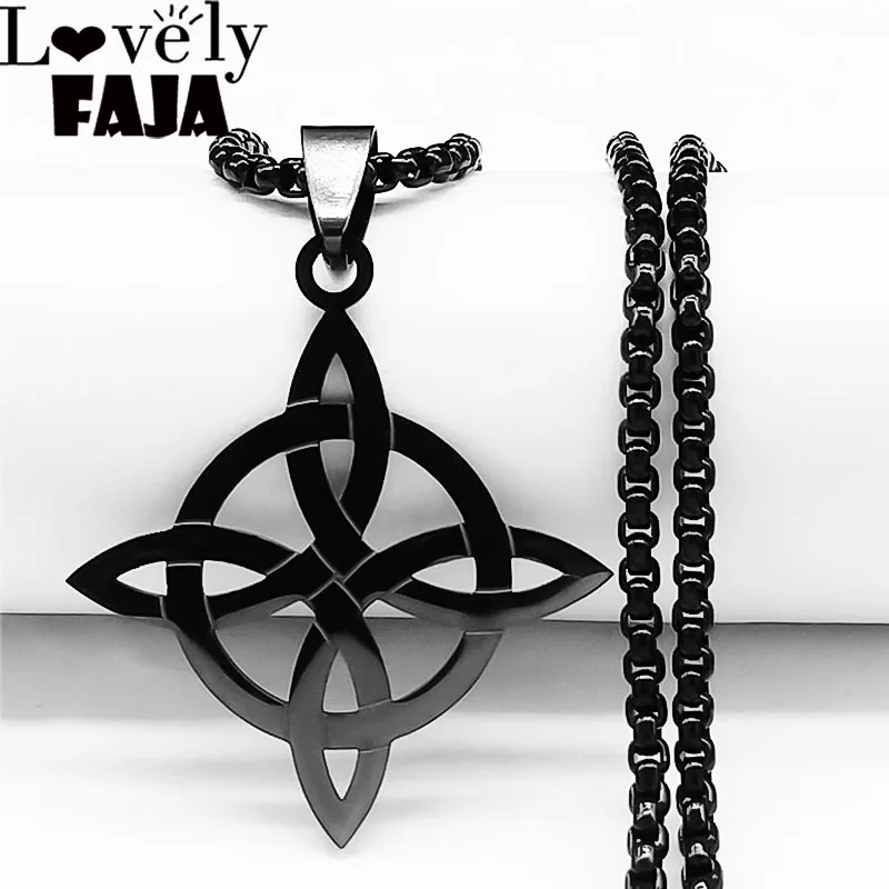 Stainless Steel Witchcraft Witch's Knot Geometry Long Chain Necklace for Men/Women Black Color Jewelry Bijoux Femme N4273S03