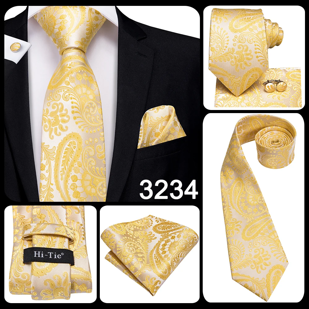 Hi-Tie Luxury Yellow Gold Plaid Paisley Silk Wedding Necktie For Men Fashion Mens Tie Gravatas Gift Business Party Dropshipping