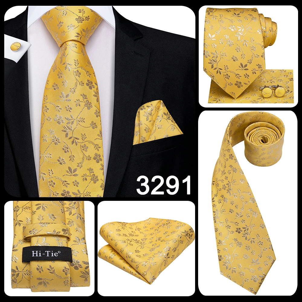 Hi-Tie Luxury Yellow Gold Plaid Paisley Silk Wedding Necktie For Men Fashion Mens Tie Gravatas Gift Business Party Dropshipping