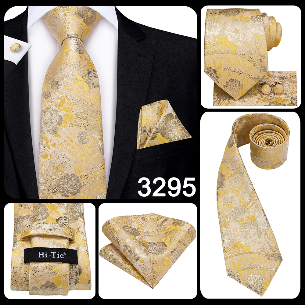 Hi-Tie Luxury Yellow Gold Plaid Paisley Silk Wedding Necktie For Men Fashion Mens Tie Gravatas Gift Business Party Dropshipping