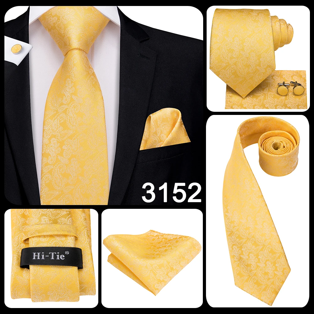 Hi-Tie Luxury Yellow Gold Plaid Paisley Silk Wedding Necktie For Men Fashion Mens Tie Gravatas Gift Business Party Dropshipping