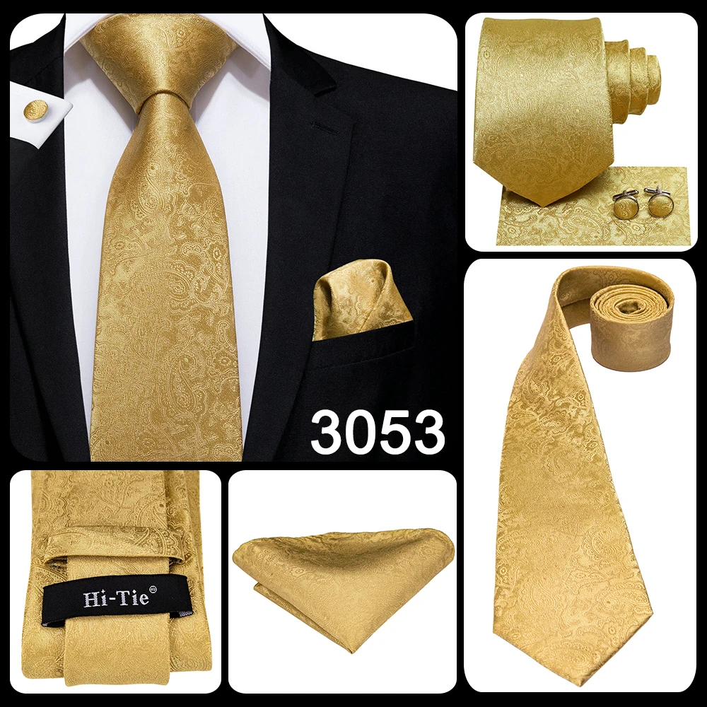 Hi-Tie Luxury Yellow Gold Plaid Paisley Silk Wedding Necktie For Men Fashion Mens Tie Gravatas Gift Business Party Dropshipping