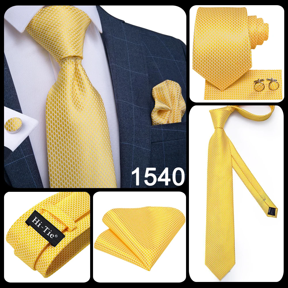 Hi-Tie Luxury Yellow Gold Plaid Paisley Silk Wedding Necktie For Men Fashion Mens Tie Gravatas Gift Business Party Dropshipping