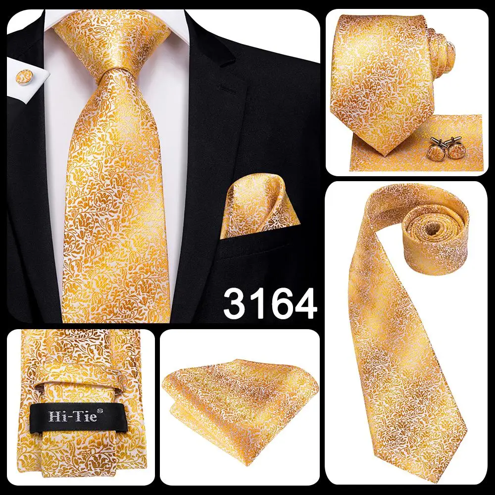 Hi-Tie Luxury Yellow Gold Plaid Paisley Silk Wedding Necktie For Men Fashion Mens Tie Gravatas Gift Business Party Dropshipping