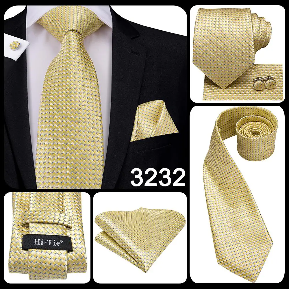 Hi-Tie Luxury Yellow Gold Plaid Paisley Silk Wedding Necktie For Men Fashion Mens Tie Gravatas Gift Business Party Dropshipping