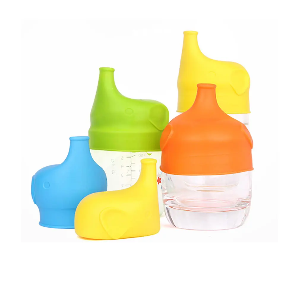 Elephant-Shaped Silicone Cup Lids For Children Kids Drink Bottle Stretchable Proof Leak Silicone Straw Cup Covers Bottle Cover
