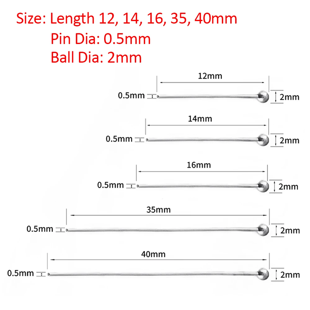 50pcs Stainless Steel Ball Head Pins for DIY Jewelry Making 12-40mm Head Pins Needlework Handmade Components Findings