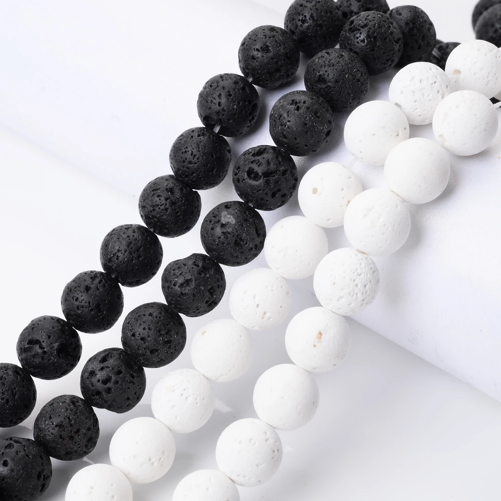 Natural Black White Lava Stone Beads Round Loose Beads Spacer Volcanic Rock For Jewelry Making DIY Bracelet Wholesale 4-14mm