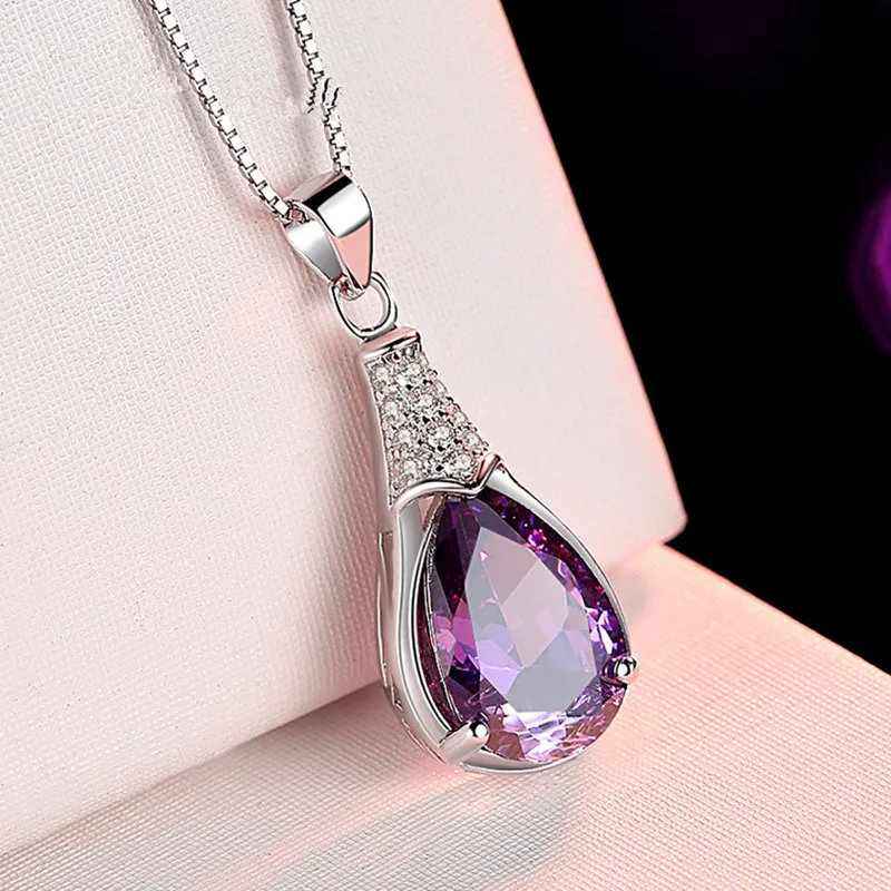 Buyee 925 Sterling Silver Luxury Pendant Chain Natural Amethyst Exquisite Sweet Necklace for Woman Fashion Jewelry Chain 45cm
