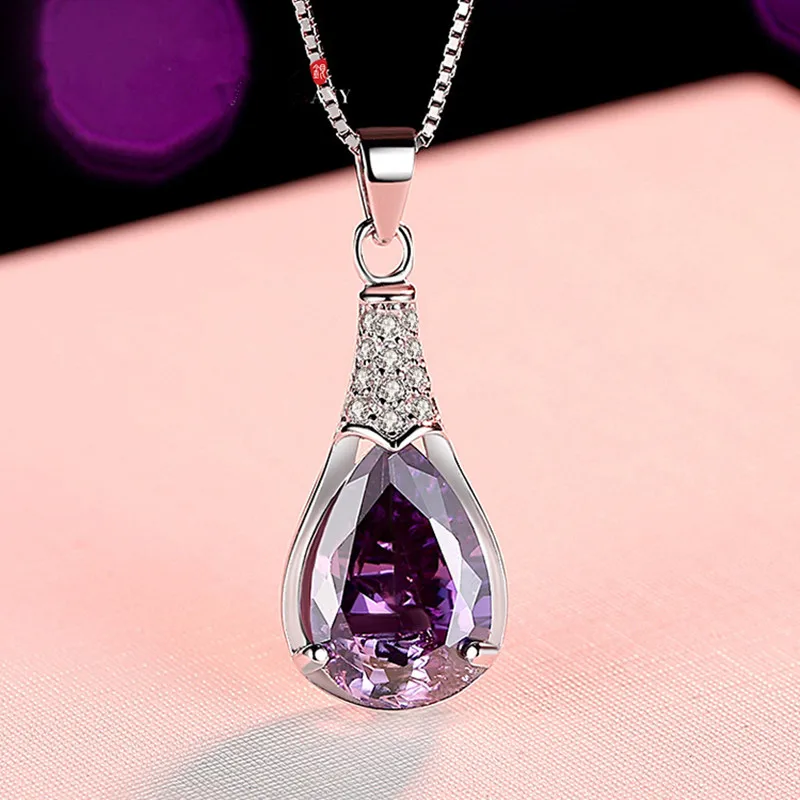Buyee 925 Sterling Silver Luxury Pendant Chain Natural Amethyst Exquisite Sweet Necklace for Woman Fashion Jewelry Chain 45cm