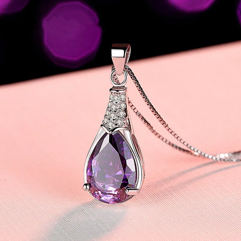 Buyee 925 Sterling Silver Luxury Pendant Chain Natural Amethyst Exquisite Sweet Necklace for Woman Fashion Jewelry Chain 45cm