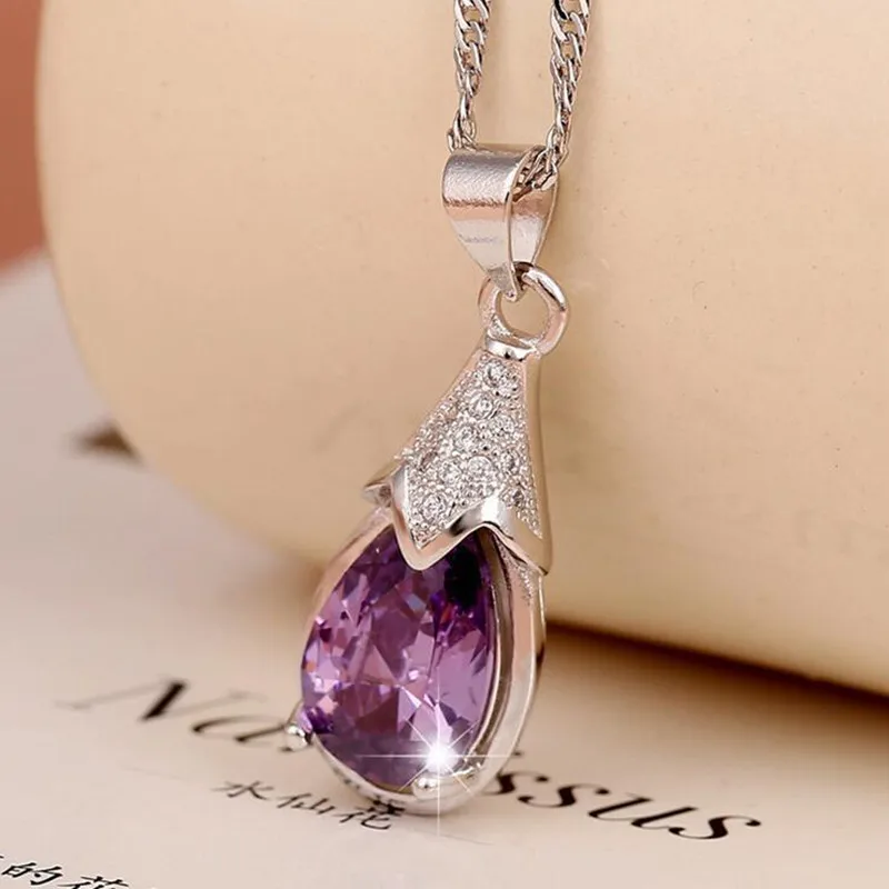 Buyee 925 Sterling Silver Luxury Pendant Chain Natural Amethyst Exquisite Sweet Necklace for Woman Fashion Jewelry Chain 45cm