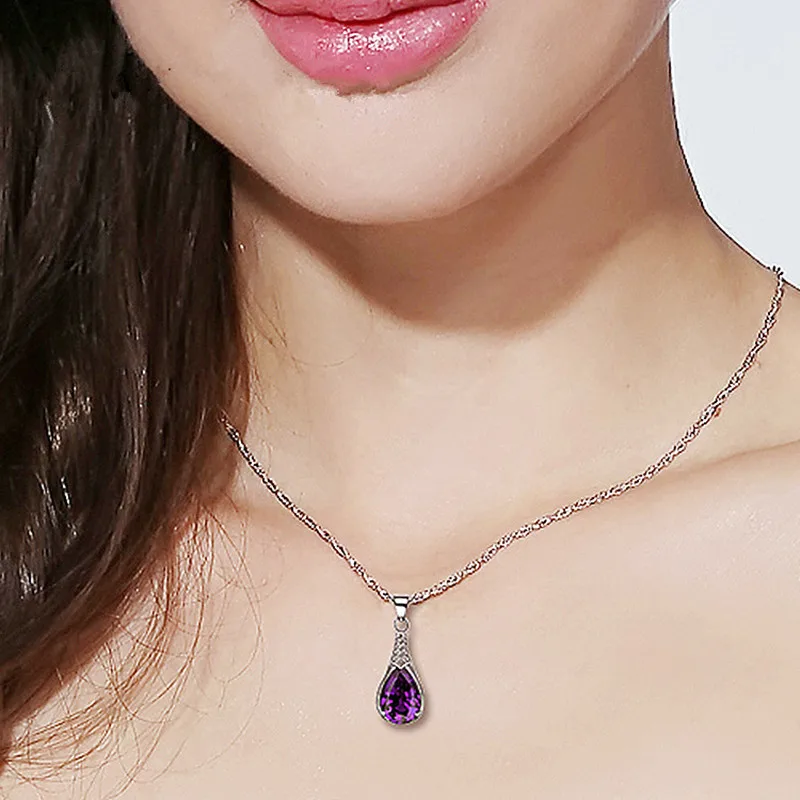 Buyee 925 Sterling Silver Luxury Pendant Chain Natural Amethyst Exquisite Sweet Necklace for Woman Fashion Jewelry Chain 45cm
