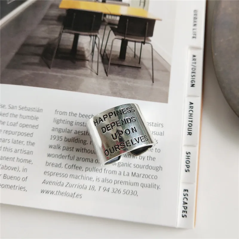 Yungqi Vintage Wide Ring Letter HAPPINESS DEPENDS UPON OURSELVES Adjustable Rings for Women Girl Boho Jewelry Anillos Mujer