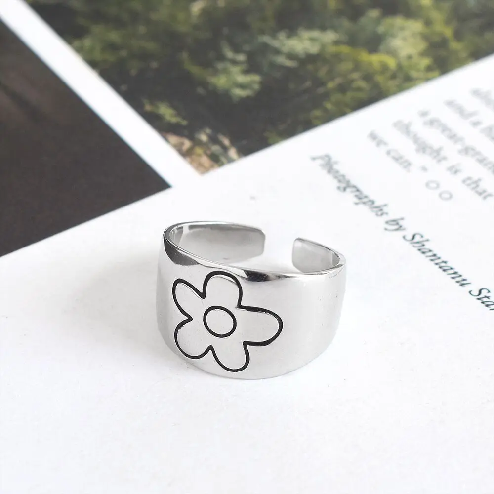 Yungqi Vintage Wide Ring Letter HAPPINESS DEPENDS UPON OURSELVES Adjustable Rings for Women Girl Boho Jewelry Anillos Mujer