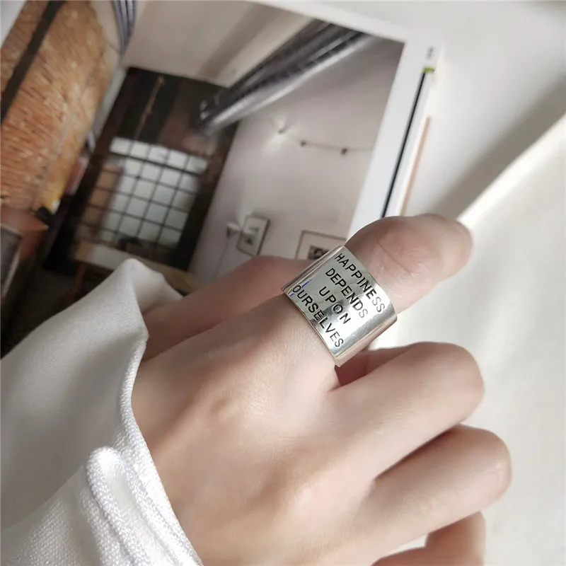 Yungqi Vintage Wide Ring Letter HAPPINESS DEPENDS UPON OURSELVES Adjustable Rings for Women Girl Boho Jewelry Anillos Mujer