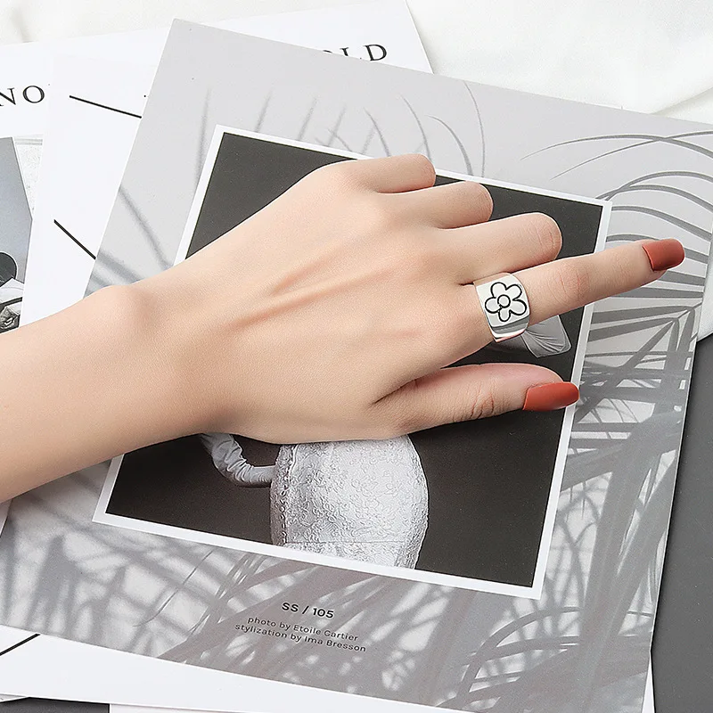 Yungqi Vintage Wide Ring Letter HAPPINESS DEPENDS UPON OURSELVES Adjustable Rings for Women Girl Boho Jewelry Anillos Mujer