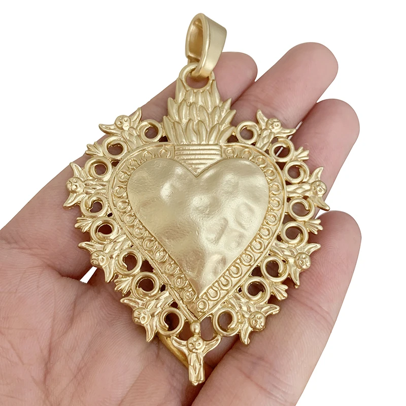 1pc Large Boho Filigree Heart Matt Gold Color Charms Pendants for DIY Necklace Jewelry Making Accessories 81x56mm
