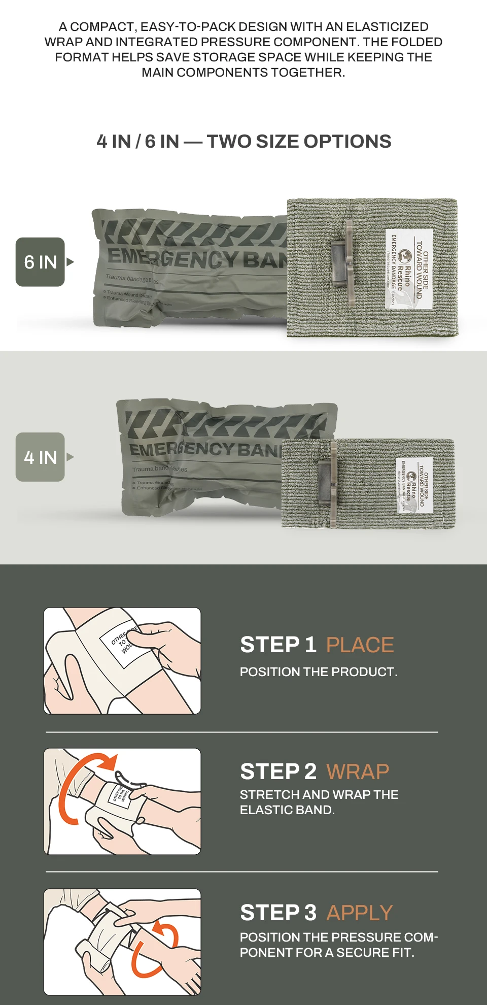 RHINO RESCUE 4" 6" Emergency Pressure Bandage Wound Dressing IFAK Kit High Elasticity Vacuum Packed Outdoor Hiking Essentials