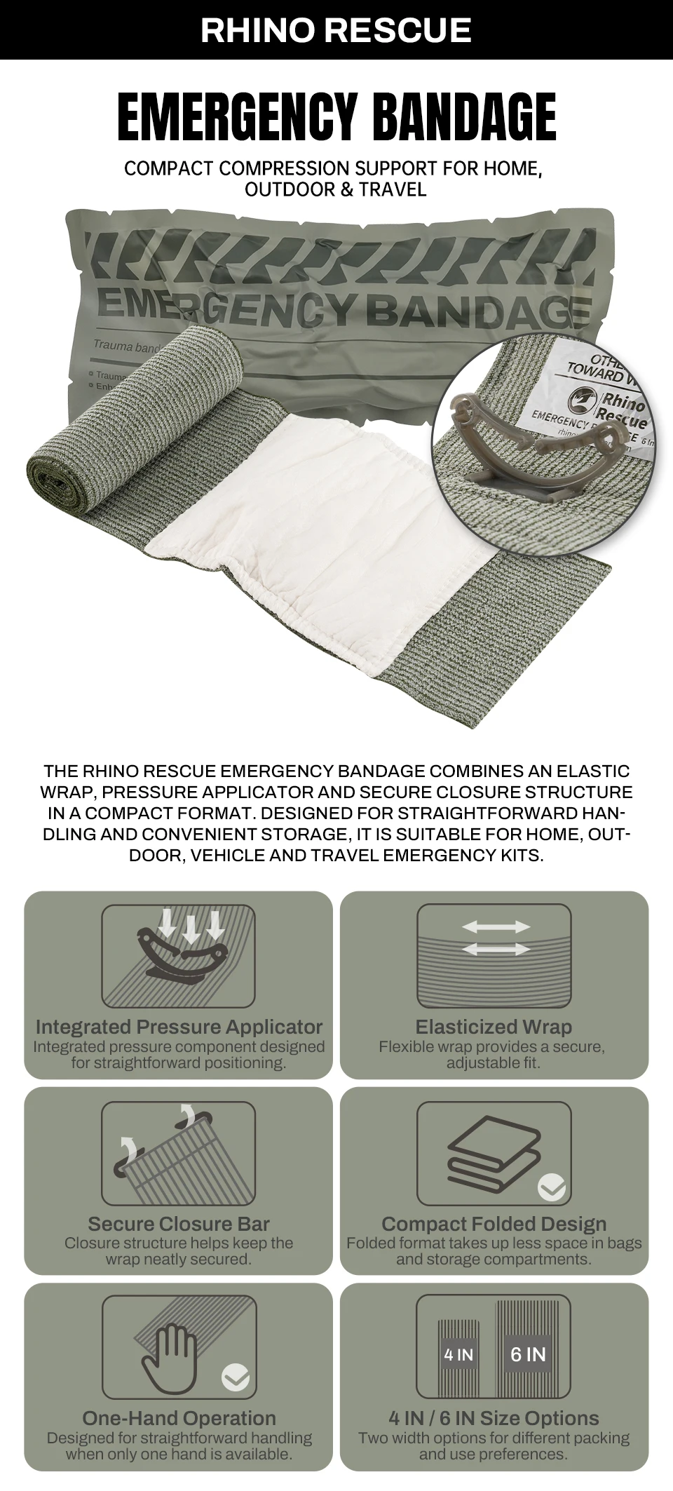 RHINO RESCUE 4" 6" Emergency Pressure Bandage Wound Dressing IFAK Kit High Elasticity Vacuum Packed Outdoor Hiking Essentials
