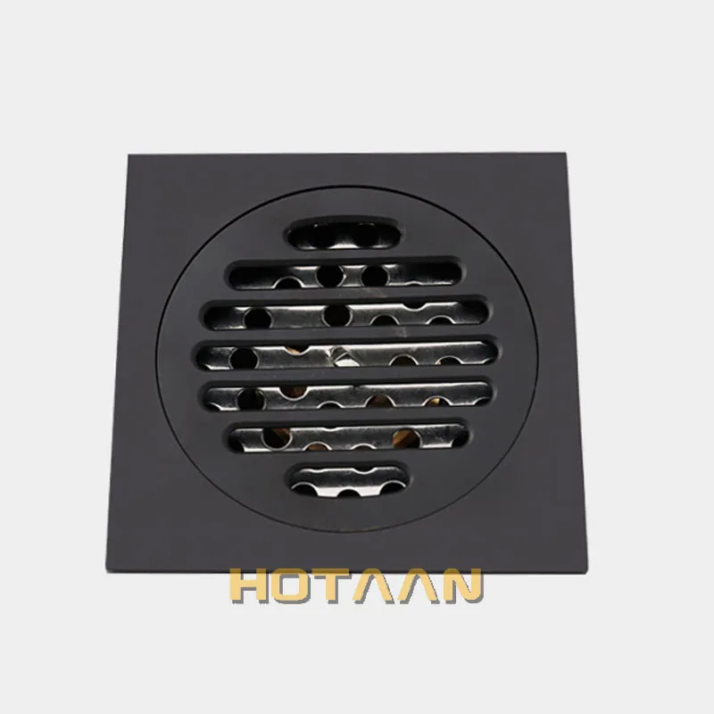 Hotaan Anti-odor Matte Black Bathtub Shower Drainer Floor 10cm Brass Square Floor Shower Drain Waste Grate Floor Drain