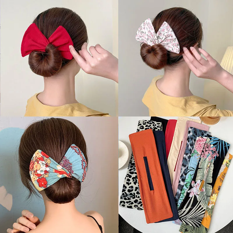 Deft Bun Hair Band Women Printed Headband Bow Donut Bun Maker DIY Hairstyle Braid Tool Ponytail Hair Twist Accessories topknot