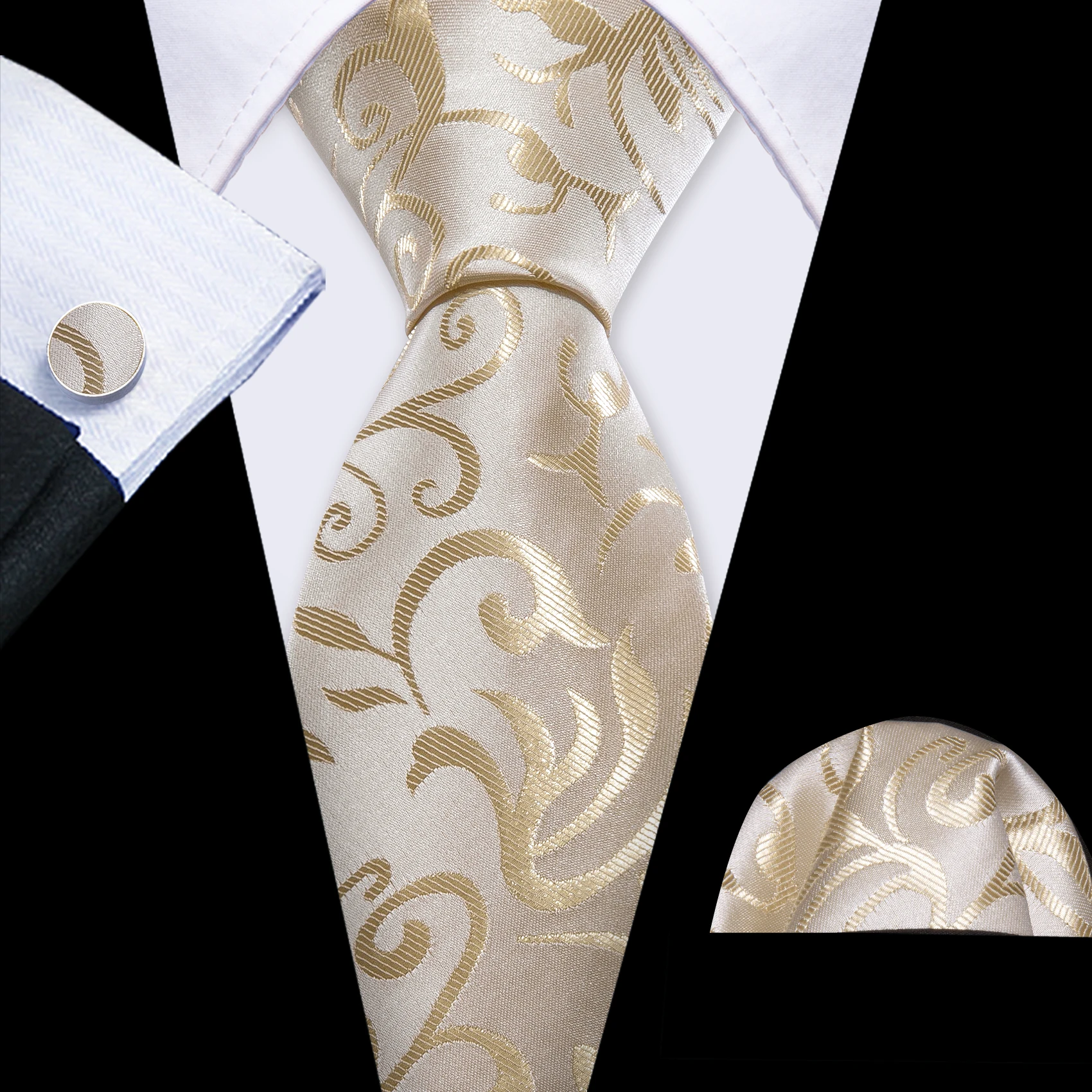 Fashion White Mens Wedding Tie Hanky Set Barry.Wang Designer Paisley Beige Floral Neckties For Male Gift Party Groom silk Office