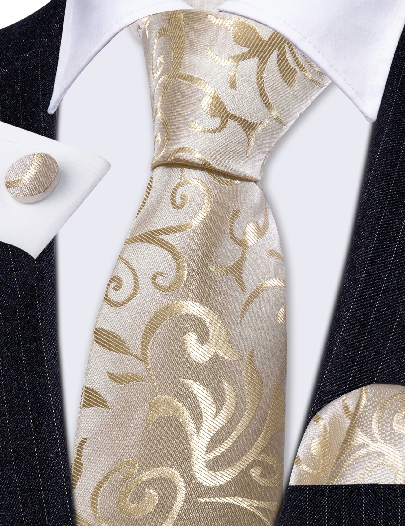 Fashion White Mens Wedding Tie Hanky Set Barry.Wang Designer Paisley Beige Floral Neckties For Male Gift Party Groom silk Office
