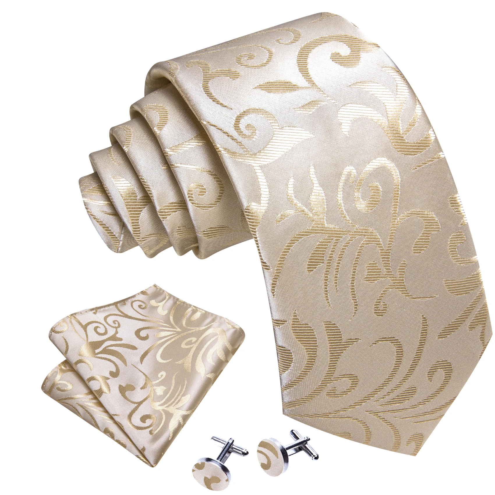 Fashion White Mens Wedding Tie Hanky Set Barry.Wang Designer Paisley Beige Floral Neckties For Male Gift Party Groom silk Office
