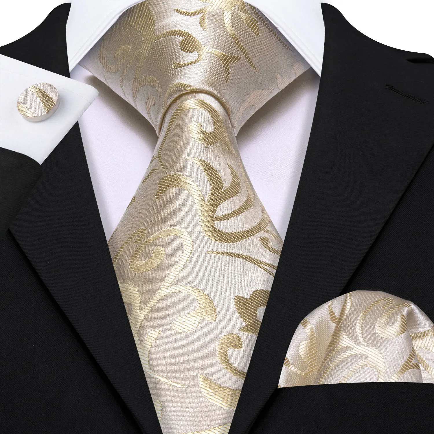 Fashion White Mens Wedding Tie Hanky Set Barry.Wang Designer Paisley Beige Floral Neckties For Male Gift Party Groom silk Office