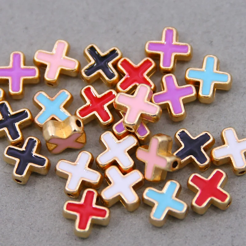 10pcs 10mm Colored Enamel Beads Cross Beads Handmade Fit For charm Jewelry Making Cross Spacer Beads Accessories