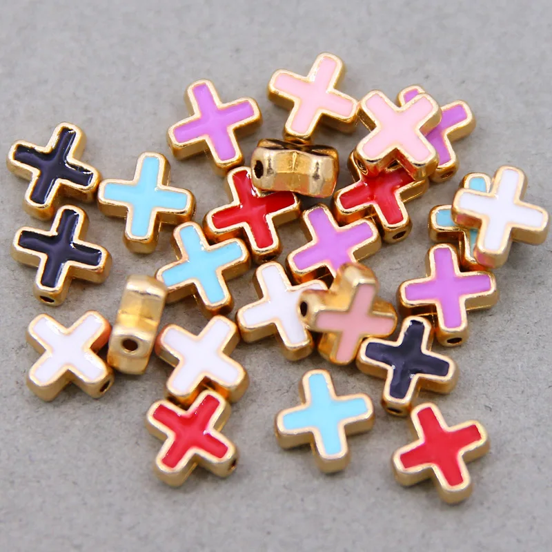10pcs 10mm Colored Enamel Beads Cross Beads Handmade Fit For charm Jewelry Making Cross Spacer Beads Accessories