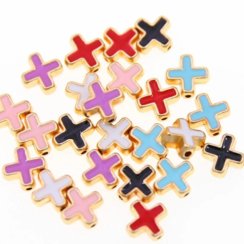 10pcs 10mm Colored Enamel Beads Cross Beads Handmade Fit For charm Jewelry Making Cross Spacer Beads Accessories