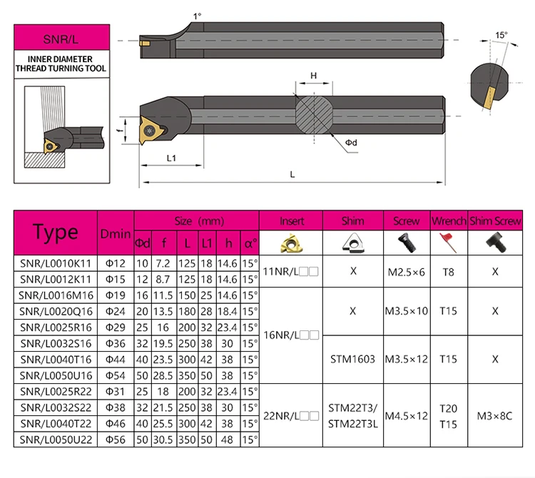 SNR0008K11 SNR/L0010K11 SNR/L0016Q16 SNR0020R22 SNR0025S22 Internal Thread Turning Tool SER SEL Lathe Cutter Bar CNC Tool Holder