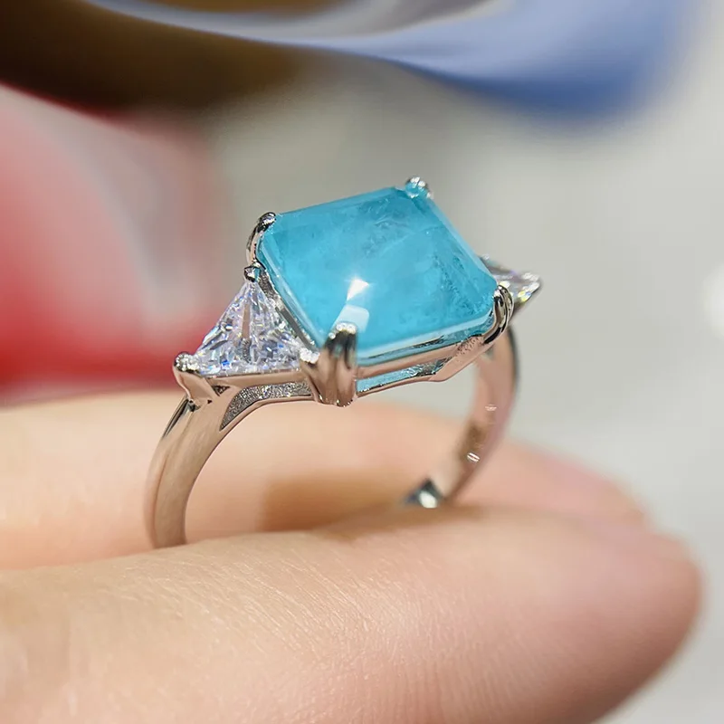 925 Sterling Silver Wedding Finger Rings For Women 9mmx9mm Paraiba Emerald Tourmaline Gemstone Ring Engagement Party Jewelry