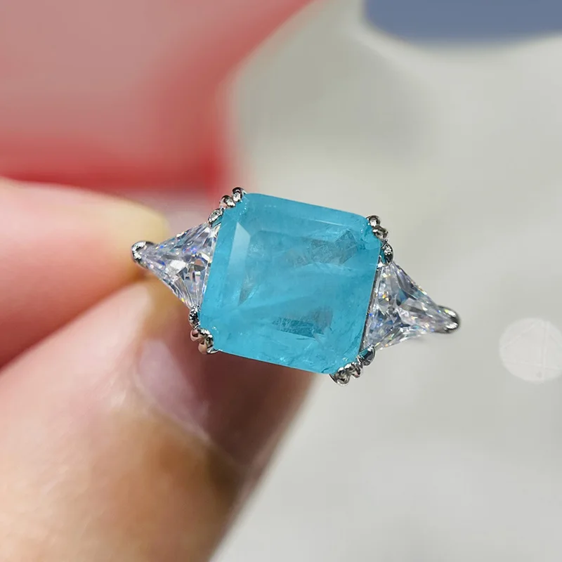 925 Sterling Silver Wedding Finger Rings For Women 9mmx9mm Paraiba Emerald Tourmaline Gemstone Ring Engagement Party Jewelry