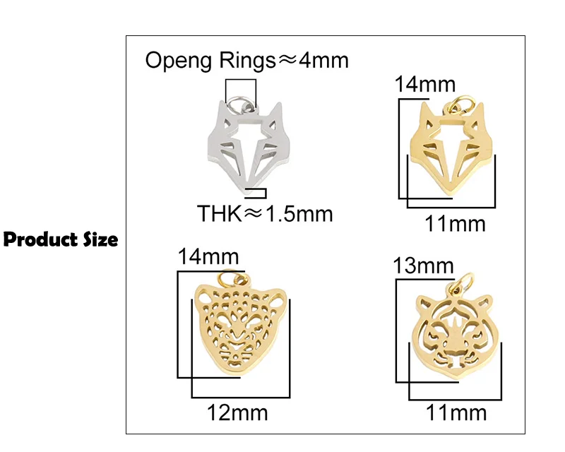 5pcs Stainless Steel Tiger Charms Fit Jewelry Making Animal Geometry Wolf Pendant Charms Makings Necklaces For DIY Handmade