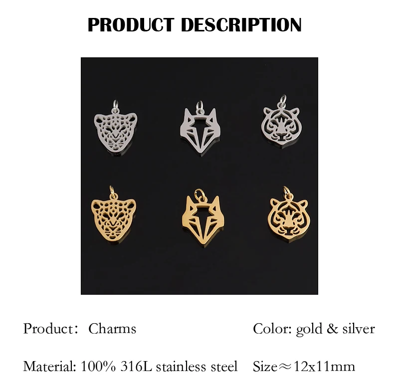 5pcs Stainless Steel Tiger Charms Fit Jewelry Making Animal Geometry Wolf Pendant Charms Makings Necklaces For DIY Handmade