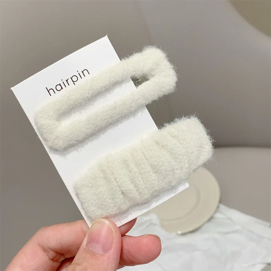 2pcs Fashion Warm Woolen Hairpin Solid Rectangle Hair Clip Korean Style Simple Hair Snap Side Hair Holder Bobby Pin For Women