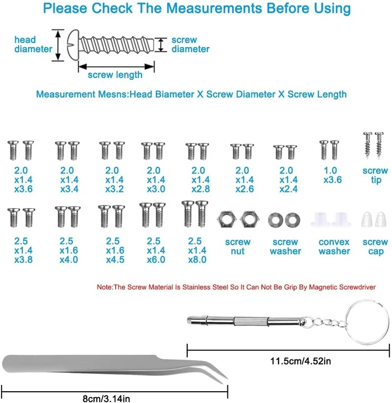 1200pcs Glasses Screws With Screwdriver Tweezers Repair Set Mini Fix Screw Kit Complete Glasses Tiny Screws Screws for Glasses