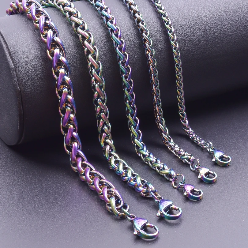 Width 3/4/5/6/7mm Stainless Steel Necklace For Women Men Link Chain Around Neck Decoration Rainbow Silver Color Trendy Necklaces